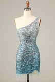 Blue Sequins Sparkly Bodycon One Shoulder Short Cocktail Dress with Tassel