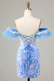 Blue Gorgeous Sheath Off the Shoulder Short Cocktail Dress with Feather