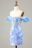 Blue Gorgeous Sheath Off the Shoulder Short Cocktail Dress with Feather