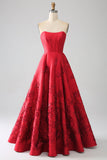Elegant Princess A-Line Strapless Dark Red Long Ball Dress with 3D Flowers