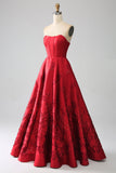Elegant Princess A-Line Strapless Dark Red Long Ball Dress with 3D Flowers
