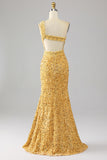 Mermaid Sequins One Shoulder Golden Ball Dress with Slit