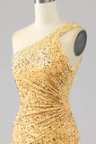 Mermaid Sequins One Shoulder Golden Ball Dress with Slit