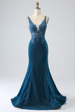 Glitter Dark Blue Mermaid V-Neck Long Ball Dress with Beading