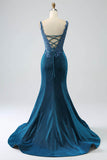 Glitter Dark Blue Mermaid V-Neck Long Ball Dress with Beading