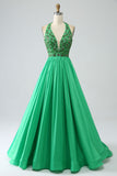Green Halter Satin Long Pleated Ball Dress with Beading