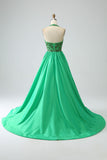 Green Halter Satin Long Pleated Ball Dress with Beading