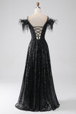 Black A-Line Spaghetti Straps Cold Shoulder Sequins Long Ball Dress with Slit