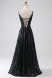 Black A-Line Spaghetti Straps Cold Shoulder Sequins Long Ball Dress with Slit
