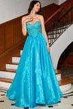 Blue A-Line Off The Shoulder Corset Beaded Prom Dress with Accessory