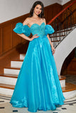 Blue A-Line Sweetheart Beaded Corset Long Ball Dress with Puff Sleeves