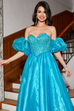 Blue A-Line Sweetheart Beaded Corset Long Ball Dress with Puff Sleeves