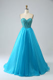 Blue Sweetheart Beaded Corset Prom Dress with Detachable Sleeves