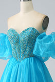 Blue Sweetheart Beaded Corset Prom Dress with Detachable Sleeves