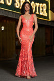 Stunning Mermaid V Neck Coral Sequins Long Ball Dress with Embroidery