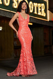 Charming Coral Mermaid Deep V Neck Sparkly Sequin Prom Dress with Accessory