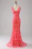 Orange Charming Mermaid Deep V Neck Sparkly Sequin Ball Dress with Embroidery