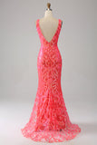 Orange Charming Mermaid Deep V Neck Sparkly Sequin Ball Dress with Embroidery