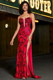 Stylish Mermaid Spaghetti Straps Dark Red Corset Ball Dress with Split Front