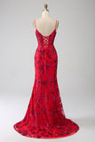 Mermaid Dark Red Sequins Ball Dress with Slit