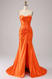 Orange Mermaid Sweetheart Corset Long Sparkly Ball Dress with Slit