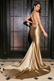 Golden Mermaid Spaghetti Straps Lace-Up Back Long Ball Dress
