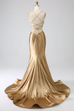 Golden Mermaid Spaghetti Straps Satin Long Ball Dress with Lace-up Back