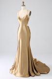 Golden Mermaid Spaghetti Straps Satin Long Ball Dress with Lace-up Back