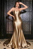 Golden Mermaid Spaghetti Straps Lace-Up Back Long Ball Dress
