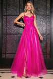Hot Pink A-Line Spaghetti Straps Long Corset Ball Dress with Slit
