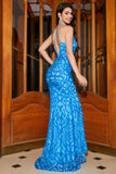 Mermaid Spaghetti Straps Blue Sequins Long Ball Dress