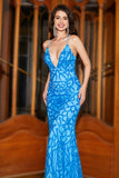 Mermaid Spaghetti Straps Blue Sequins Long Ball Dress