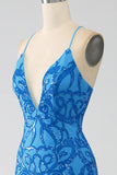 Blue Mermaid Spaghetti Straps Sequins Long Ball Dress