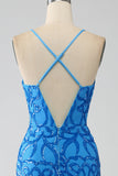 Blue Mermaid Spaghetti Straps Sequins Long Ball Dress