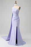 Mermaid Lilac One Shoulder Long Pleated Ball Dress with Slit