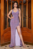 Mermaid Light Purple Spaghetti Straps Sparkly Sequins Ball Dress with Slit