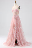 Sparkly Blush A Line Spaghetti Straps Sequin Corset Prom Dress with Slit