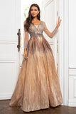 Luxurious V Neck Gold Mother Dress with Beading