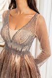 Luxurious V Neck Gold Mother Dress with Beading