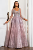 V Neck Grey Pink Mother Dress with Beading