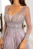 V Neck Grey Pink Mother Dress with Beading