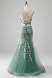 Light Green Mermaid Lace-Up Back Ball Dress with Appliques