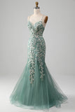 Light Green Mermaid Lace-Up Back Ball Dress with Appliques