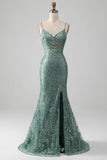 Sparkly Grey Green Mermaid Spaghetti Staps Ball Dress with Beading