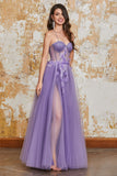 A-Line Spaghetti Straps Purple Corset Ball Dress with 3D Flowers