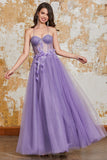 A-Line Spaghetti Straps Purple Corset Ball Dress with 3D Flowers