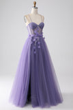 Purple A-Line Spaghetti Straps Corset Ball Dress with 3D Flowers