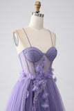 Purple A-Line Spaghetti Straps Corset Ball Dress with 3D Flowers