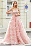 A-Line Strapless Beaded Blush Tiered Long Ball Dress With Appliques