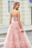 A-Line Strapless Beaded Blush Tiered Long Ball Dress With Appliques